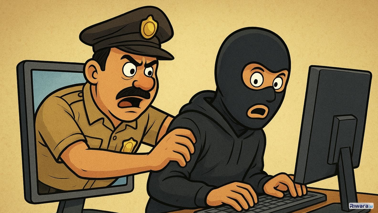 Ilustrasi penangkapan penjahat siber dibuat dengan bantuan ChatGPT AI
